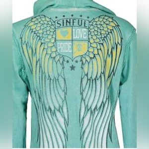Sinful Affliction Y2K Reversible Zip Hoodie Angel Wings Distressed Grunge, Sz L